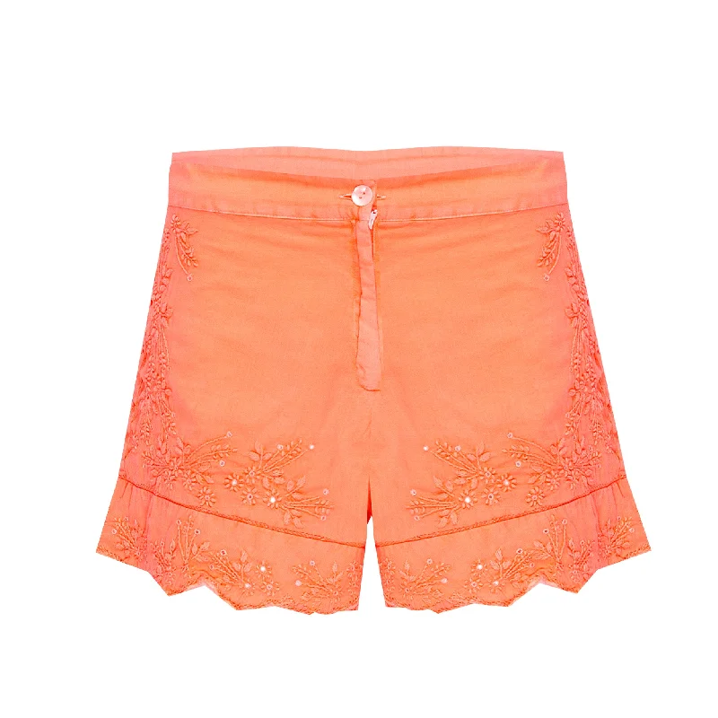 High Waisted Shorts With Lotus Embroidery-Lined Aqua/Neon Yellow Everyday Basic Shorts