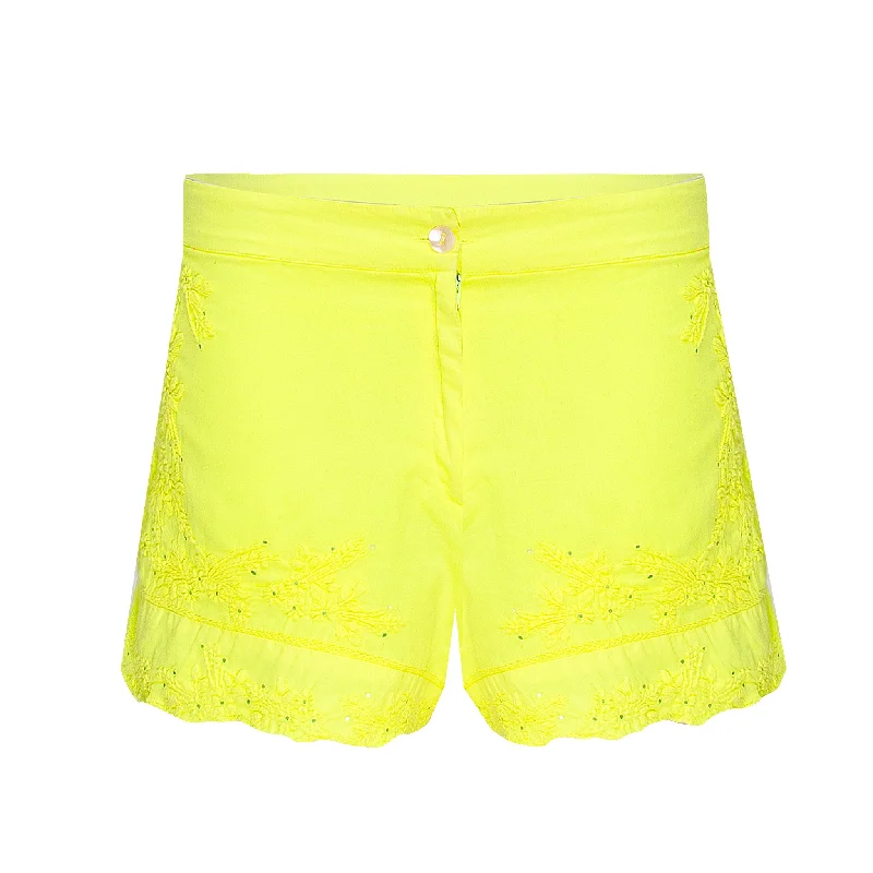 High Waisted Shorts With Lotus Embroidery-Lined Aqua/Neon Yellow Effortless Pull-On Shorts