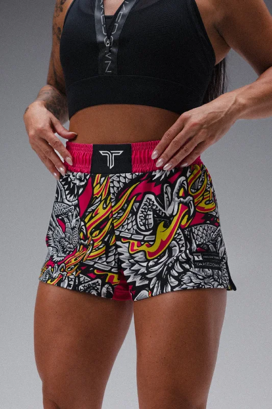 Iron Dragon Women's Fight Shorts (3" Inseam) - Magenta Printed Cotton Shorts