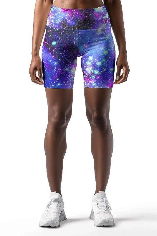 Milky-Way Karen Purple Galaxy Printed Sporty Yoga Biker Shorts - Women Flowy Ruffle Shorts