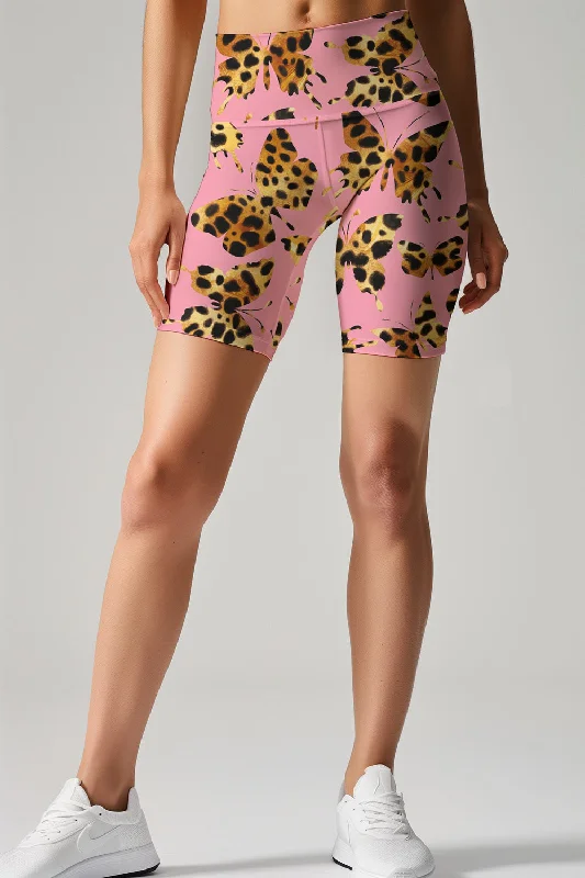Quaintrelle Karen Pink Butterfly Printed Gym Yoga Biker Shorts - Women Chic Tailored Shorts