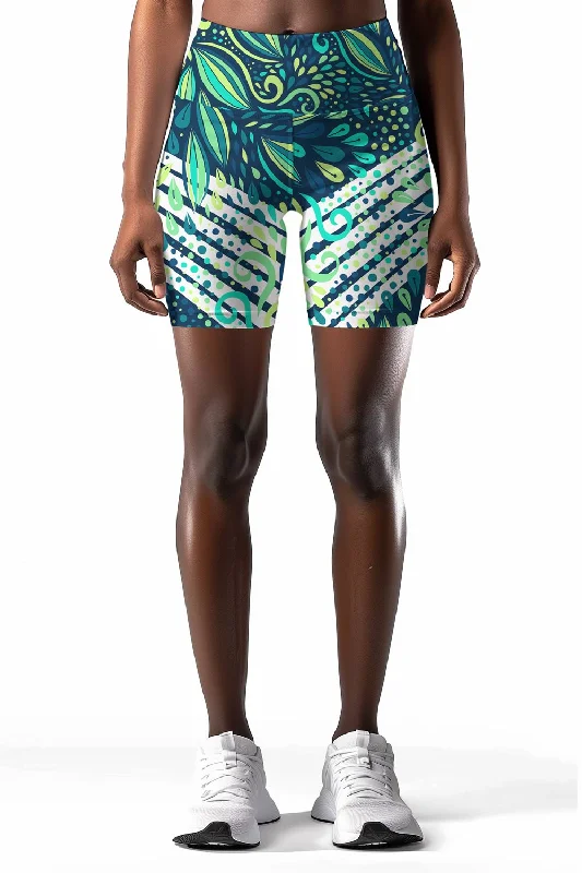 Revival Karen Green Leaf Printed Athletic Yoga Biker Shorts - Women Relaxed Sweat Shorts