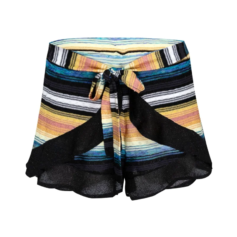 Striped Frill Short In Drop Stitch Knit With Ties Coral/Yellow Soft Pajama Shorts