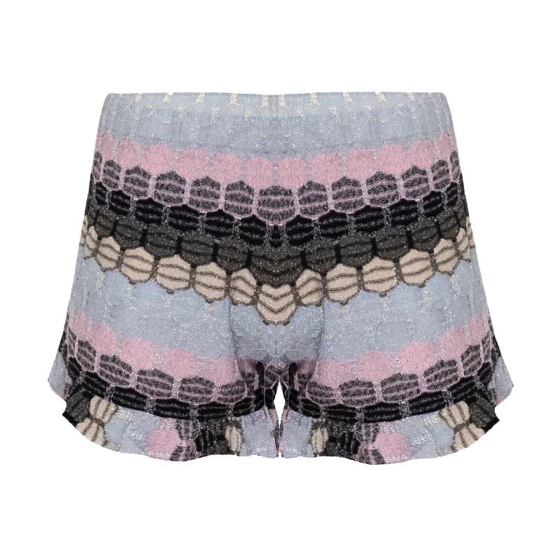 Striped Frill Shorts In Honeycomb Knit With Frilled Edge Black Loose Boho Shorts