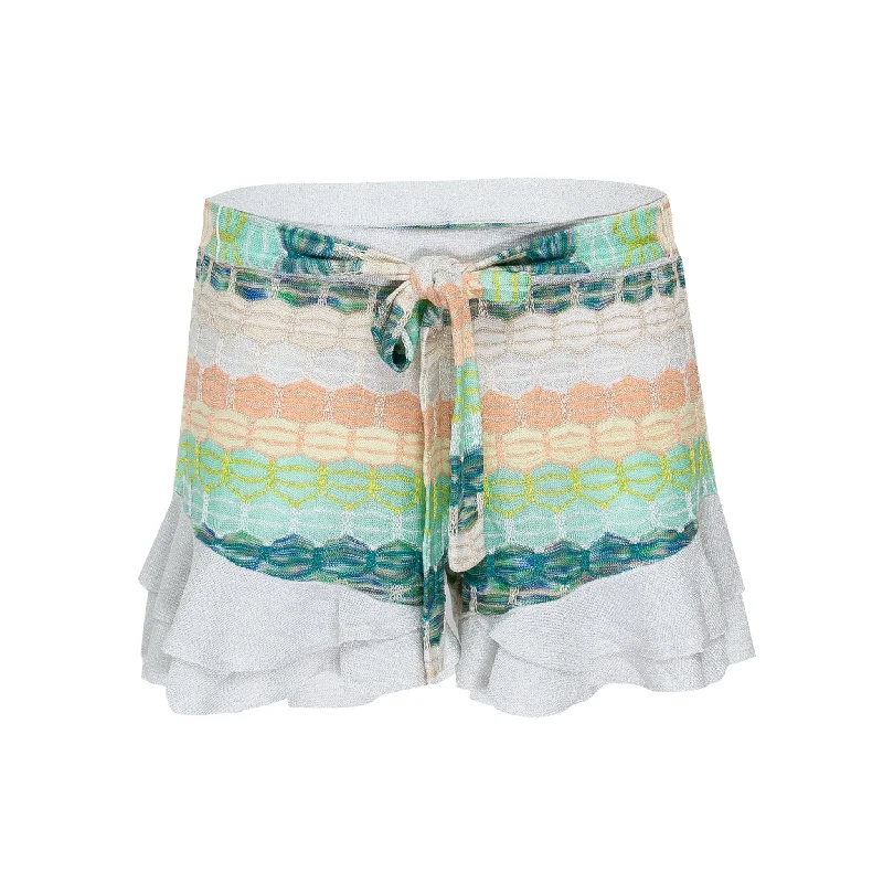 Striped Frill Shorts In Honeycomb Knit With Tie Belt White/Green Vintage High-Rise Shorts