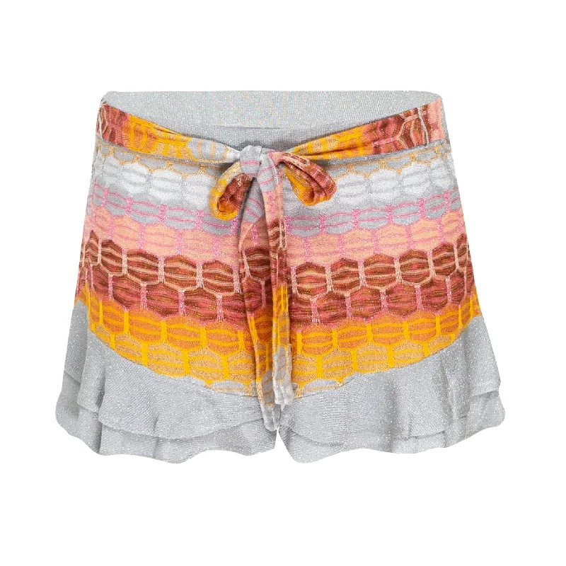 Striped Frill Shorts In Honeycomb Knit With Tie Belt Silver/Red Classic Denim Shorts