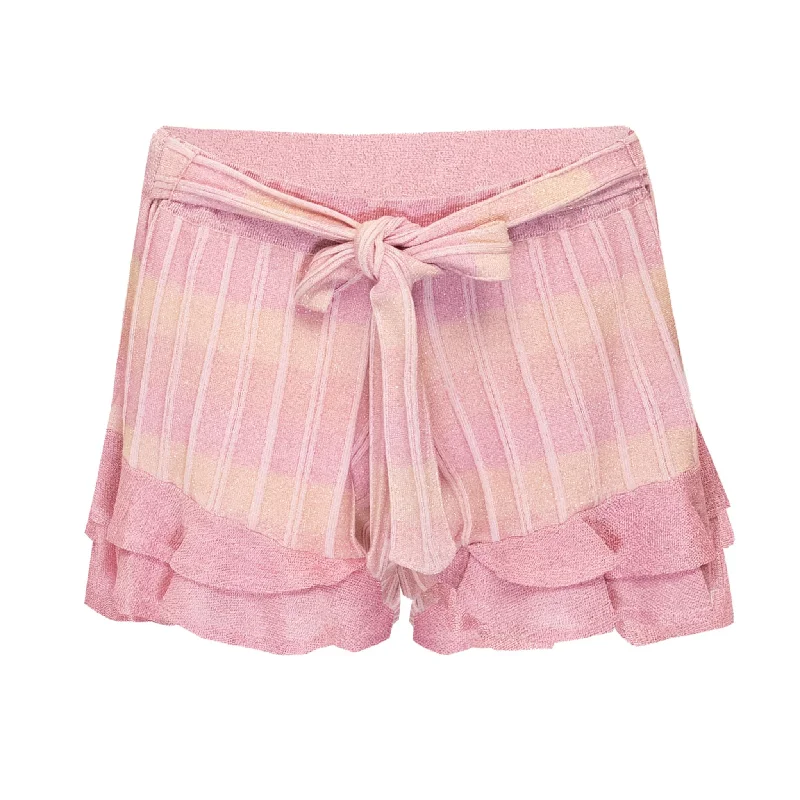 Striped Frill Shorts In Ribbed Knit With Tie Belt Pink Sporty High-Waist Shorts