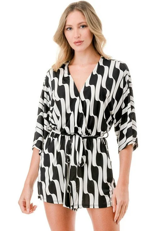 Black & White Trendy Geometric Romper Made in USA Elegant Satin Shorts