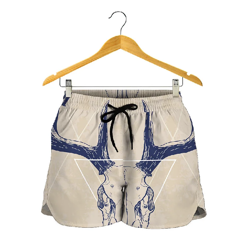 Vintage Deer Skull Print Women's Shorts Elegant Satin Shorts