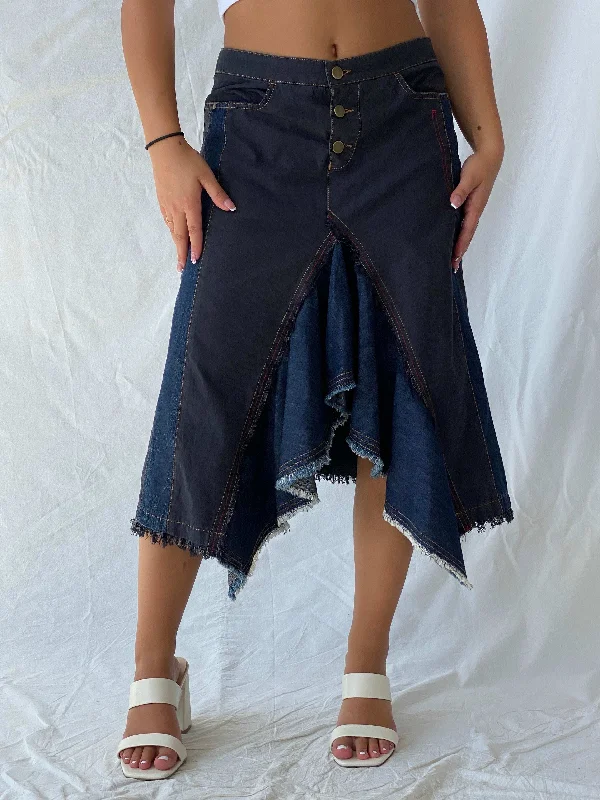 Vintage DELA VEGA Asymmetric Frayed Hem Denim Midi Skirt - L High-Waisted Cotton Shorts