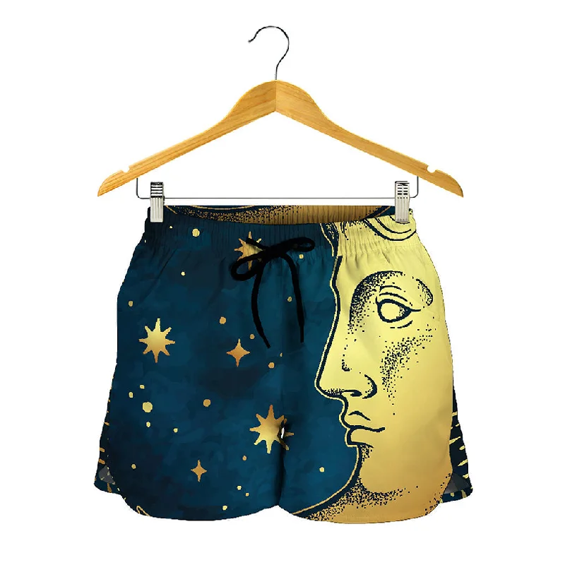 Vintage Moon And Sun Print Women's Shorts Cropped Lounge Shorts