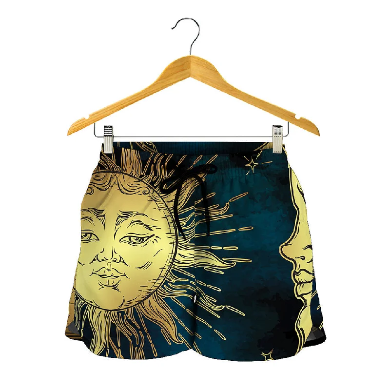 Vintage Sun And Moon Print Women's Shorts Sporty High-Waist Shorts