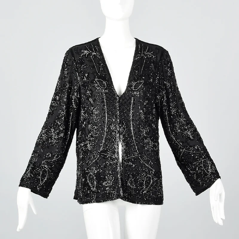 2000s Eavis & Brown Black Silk Beaded Jacket Women's Navy Jacket