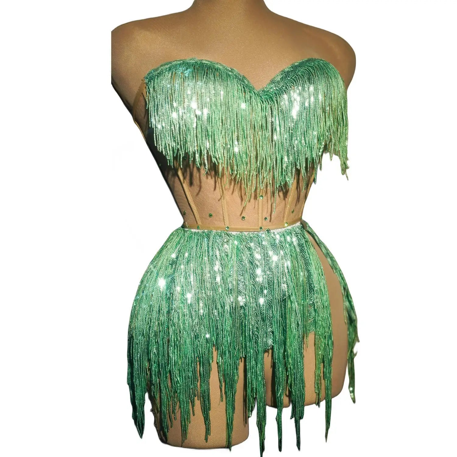 Glamorous Green Sequin Fringe Costume Set for Women – Shimmering Dancewear with Bra and Short Skirt for Parties and Performances Women's Custom Suit Glamorous Green Sequin Fringe Costume Set for Women – Shimmering Dancewear with Bra and Short Skirt for Parties and Performances Women's Custom Suit