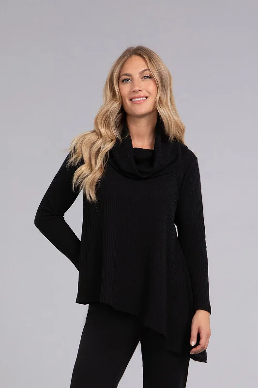 Angle Cowl Neck Waffle Sweater | Black Elegant Warm Jumper