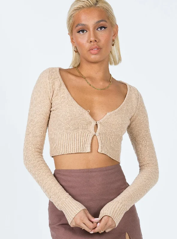 Ava Knit Cardigan Light Brown Cozy Mock Neck