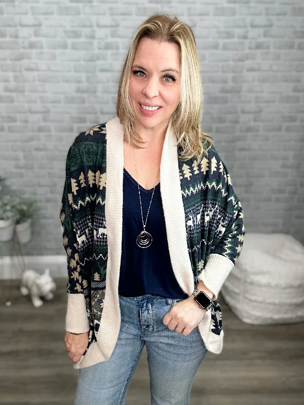 Brushed Snuggly Soft Navy Winter Print Cardigan Fitted Office Sweater