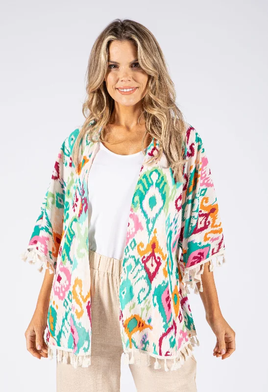 Colour Mix Kimono with Tassel Hem Cozy Feminine Pullover