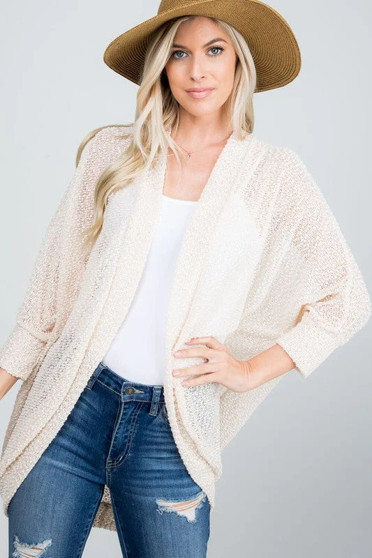 Cream Lightweight Popcorn Open Knit Cocoon Cardigan Thick Cozy Sweater