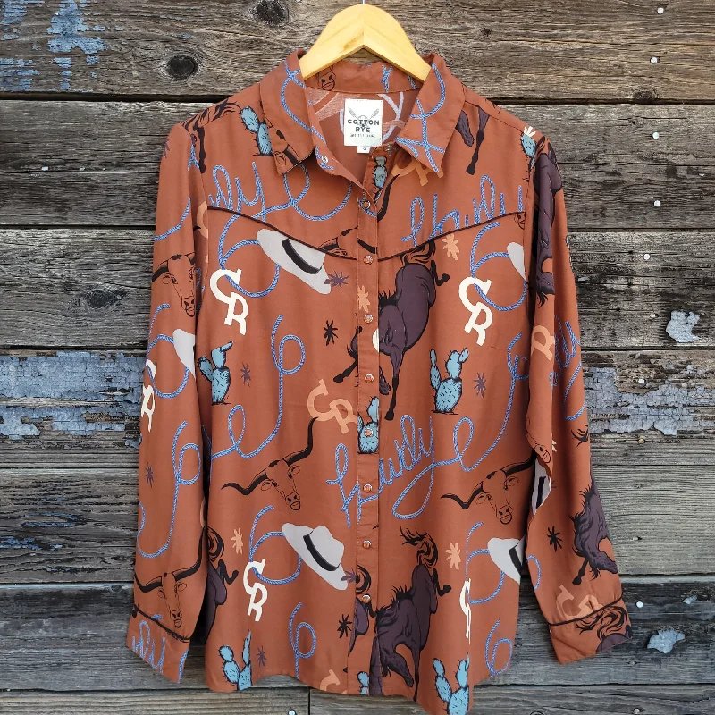 Cotton and Rye - Brown Western Print Blouse Women's Premium Blazer