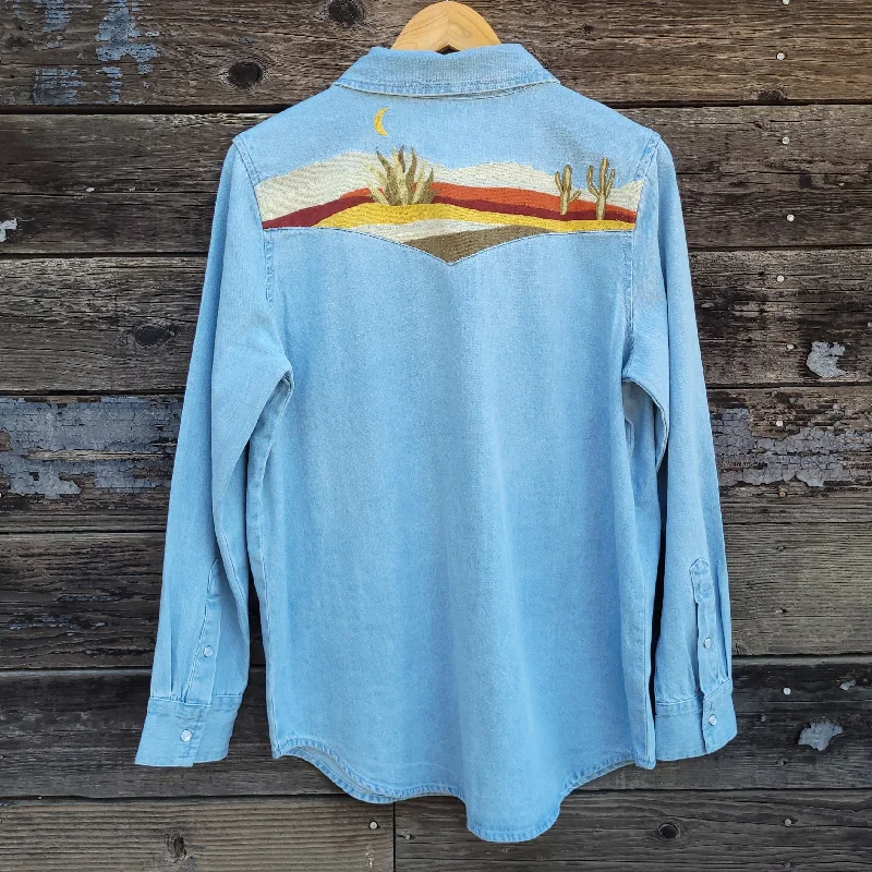 Cotton and Rye - Chambray Western Blouse with Embroidered Desert Scene Women's Simple Blazer