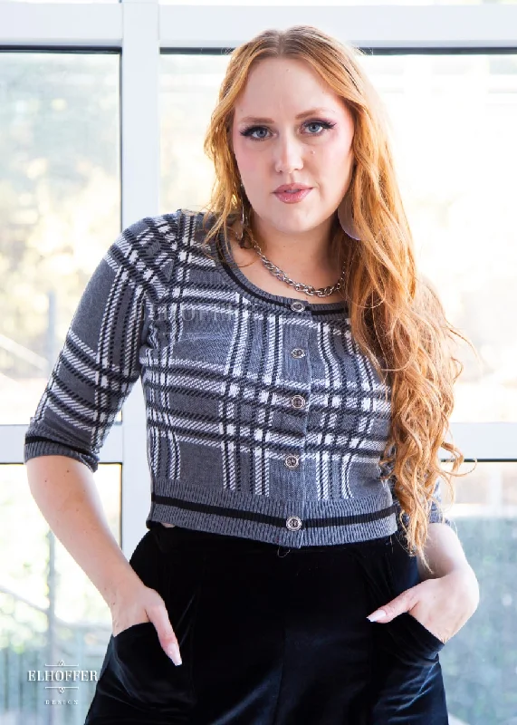 Essential Cordelia Cropped Cardi - Sitcom Grey Tartan Cozy Everyday Knit