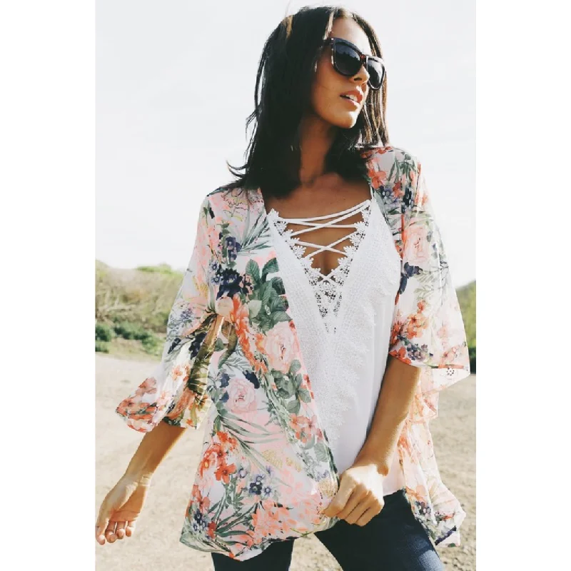Floral Print Chiffon Kimono Cardigan Elegant Slim Fit