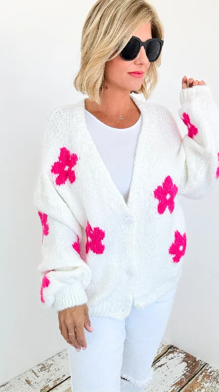 Flowers Pink Italian Cardigan Stylish Cozy Jumper
