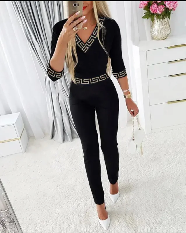 FZ Women's Geo Trim V-Neck Jumpsuit Women's Elegant Jacket
