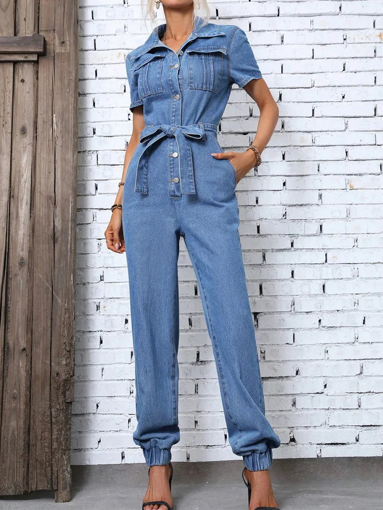 FZ Women's Half Button Belted Short Sleeve Denim Jumpsuit Women's Trendy Jacket