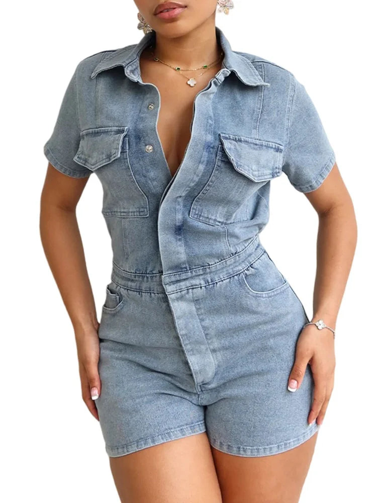 FZ Women's Half Button Casual Streetwear One Piece Slim Stretch Denim Jumpsuits Women's Premium Blazer