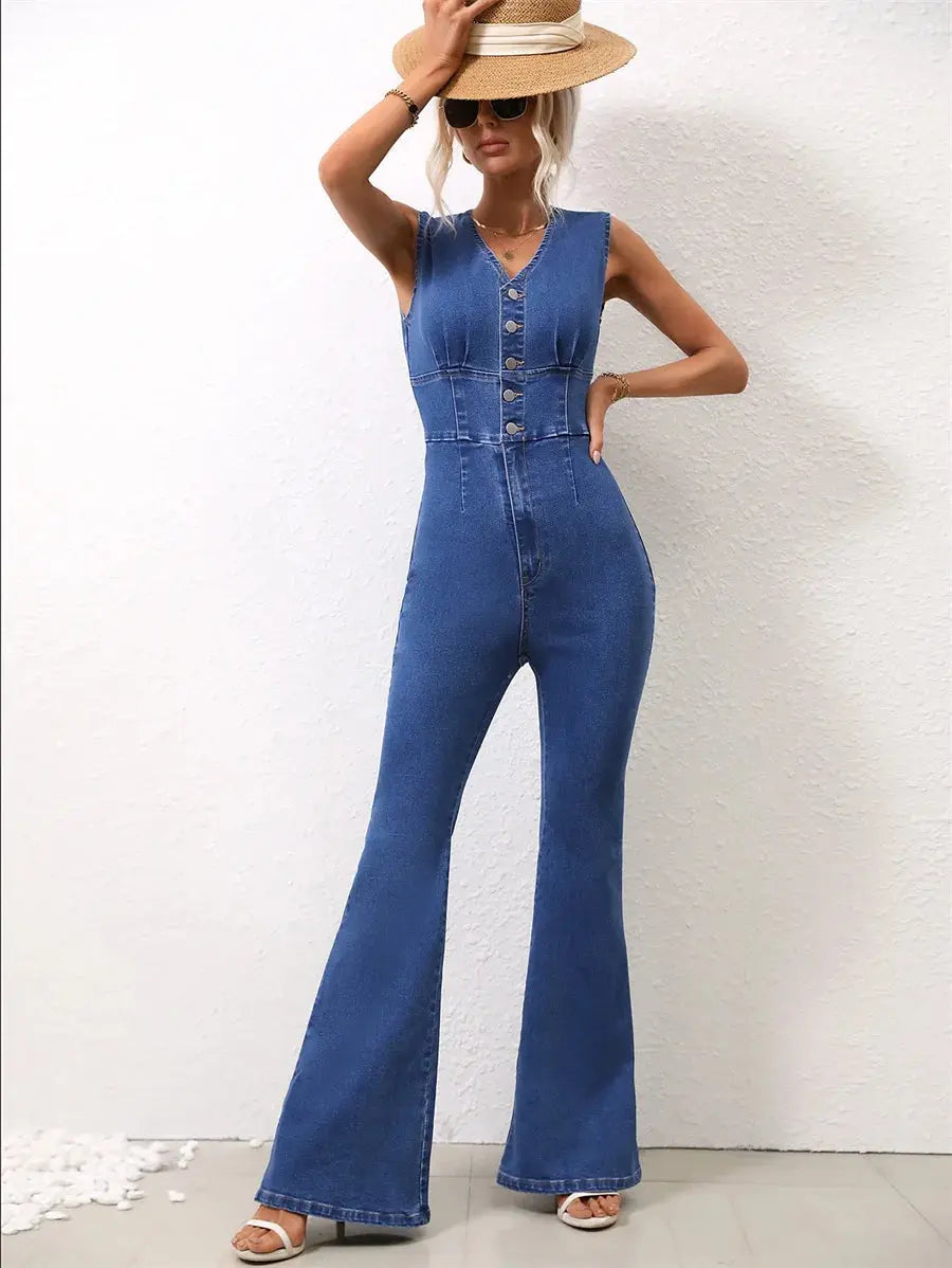 FZ Women's Half Button V-neck Sleeveless High Waist Stretch Flared Denim Jumpsuit Women's Luxury Jacket