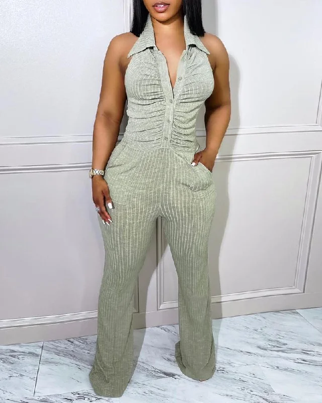 FZ Women's Halter Backless Ruched Jumpsuit Women's Boutique Suit