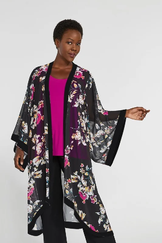 Whisper Long Kimono | Black Floral Elegant Office Sweater