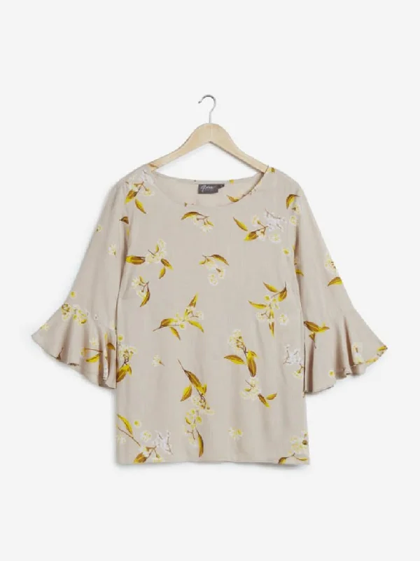Gia Curves Beige Floral Patterned Top Women's Vintage Suit