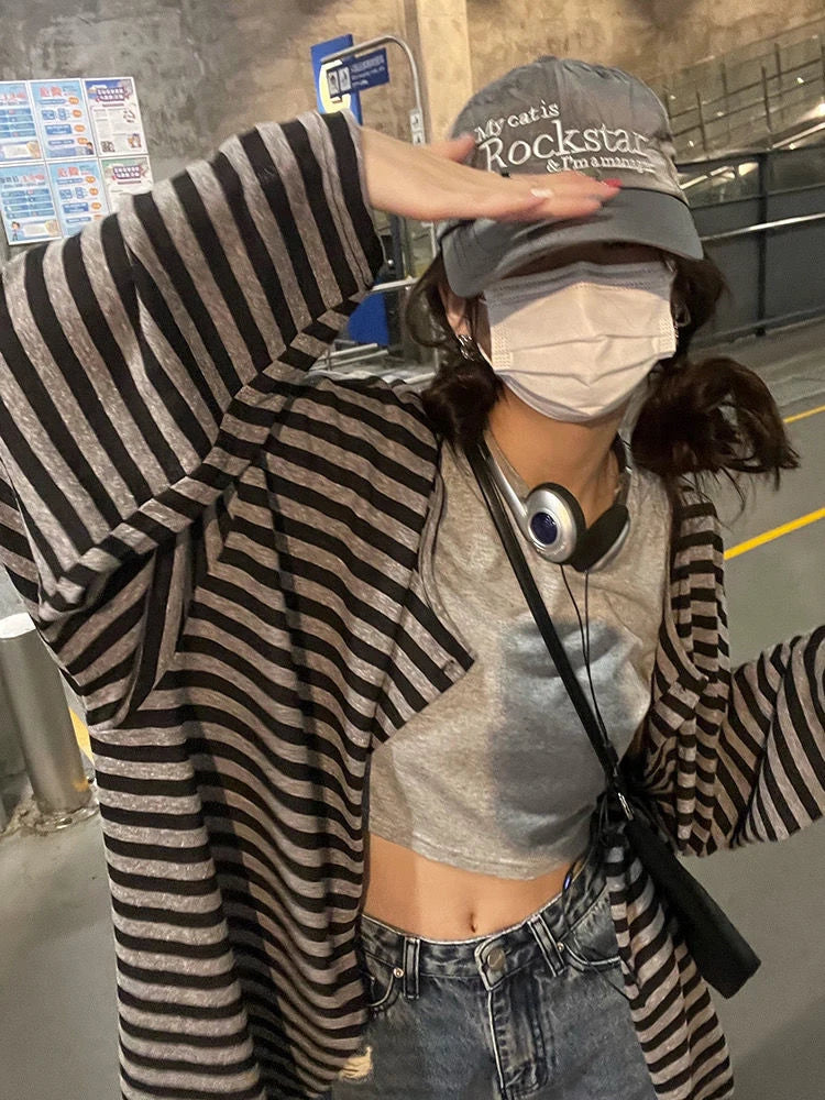 Lunivop Harajuku Y2k Top Black Gray Striped Cardigan Autumn Loose Casual Long-Sleeved Top Woman Clothes Grunge Korean Fashion Lightweight Cashmere Knit