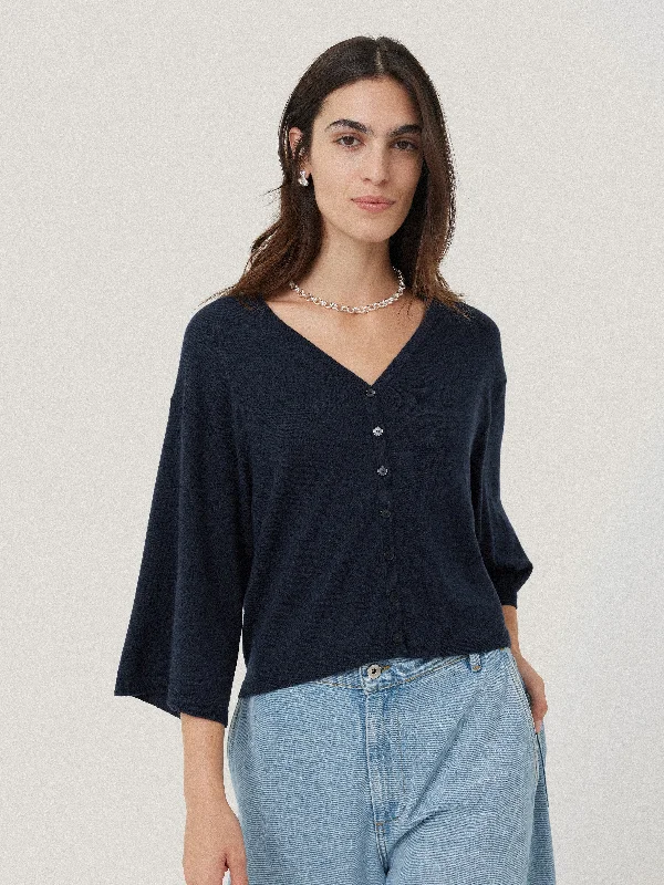 Lightweight V Neck Cardigan | Navy Ribbed Stretchy Knit