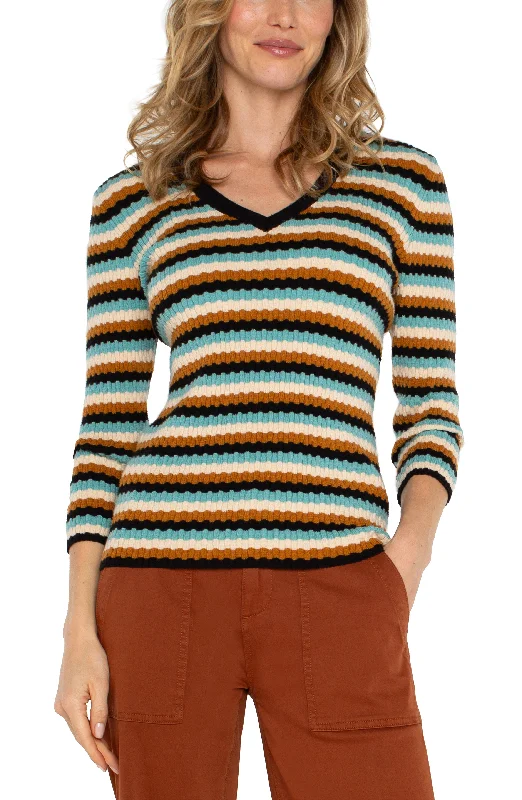 Liverpool 3/4 Sleeve V Neck Sweater (Ocean Multistripe) Classic Cashmere Blend