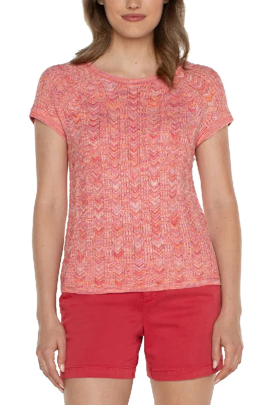 Liverpool Short Sleeve Scoop Neck Raglan Sweater (Sugar Coral Spacedye) Soft Woolen Pullover