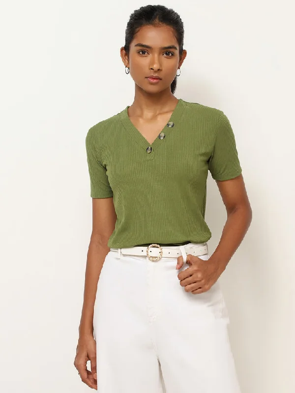 LOV Green Ribbed V Neck Top Women's Trendy Jacket
