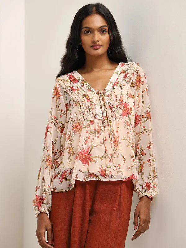 LOV Light Peach Floral Printed Blouse with Camisole Women's Vintage Suit