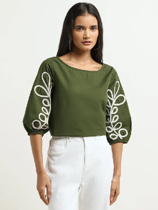 LOV Olive Leaf Embroidered Cotton Top Women's Trendy Blazer