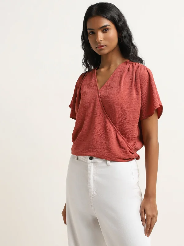 LOV Red Crinkle Textured Wrap-Over Top Women's Print Jacket