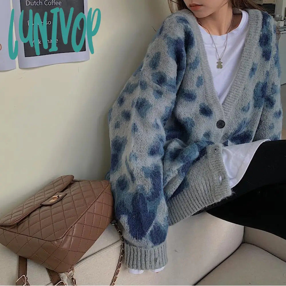 Lunivop fall outfits women Sweater Cardigan Coat for Women Autumn and Winter New Loose Lazy Student Korean Style V-neck Retro Tie-Dyed Top Wool-Blend Casual Sweater