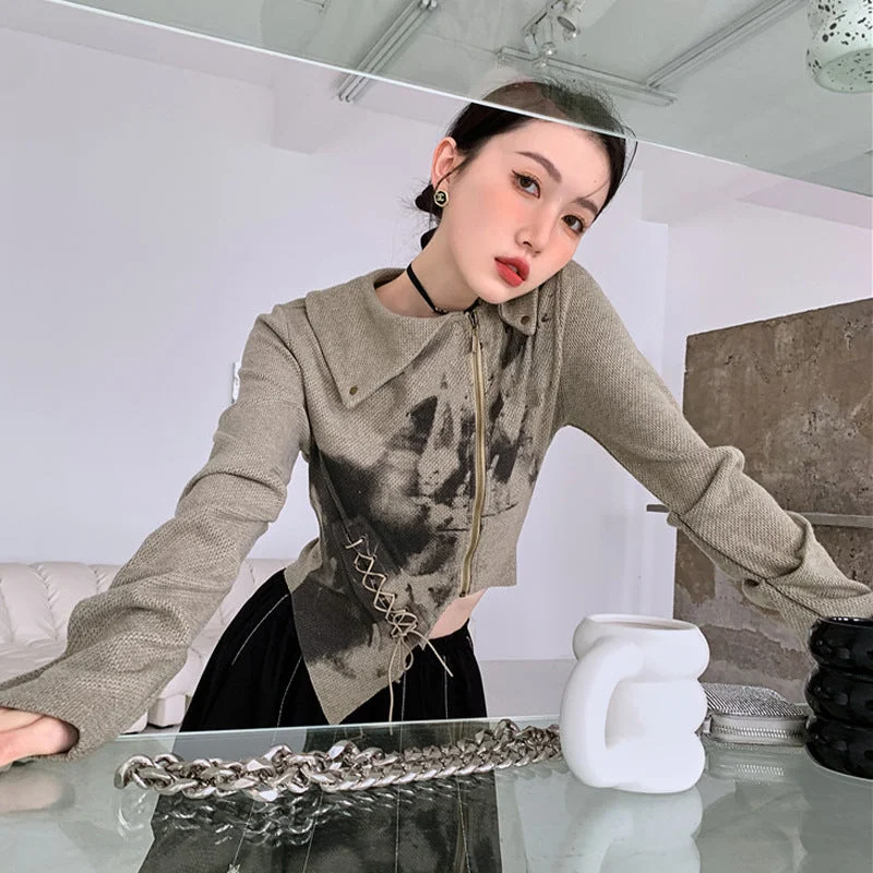 Lunivop frat outfits Niche Graffiti Short Coat Women's Long-Sleeved Irregular Printed Lace-up Retro Zipper Cardigan Top Warm Loose Knit