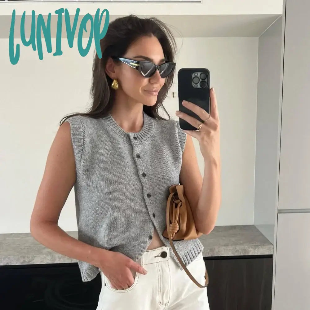 Lunivop Summer Knitted Cardigans Women Elegant Fashion Button Sleeveless Tops Solid Basic Casual Loose Vacation Holiday Vests 2024 Gray Trendy Oversized Sweater