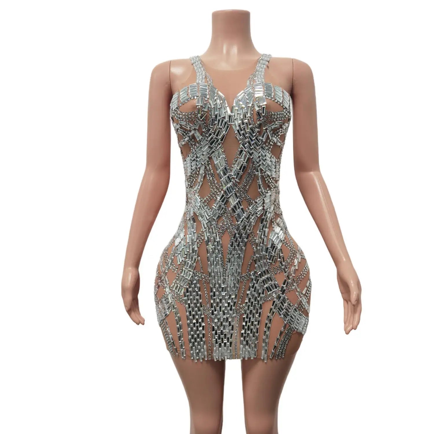 Luxury Sparkly Rhinestones Silver Sleeveless Short Dress for Women Birthday Celebrate Party Outfit Singer Stage Costume Women's Unique Blazer