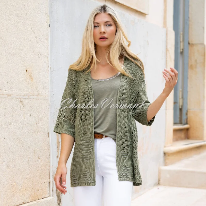 Marble Cardigan With Diamond Pointelle Pattern - Style 7343-123 (Khaki) Striped Wool Sweater Marble Cardigan With Diamond Pointelle Pattern - Style 7343-123 (Khaki) Striped Wool Sweater