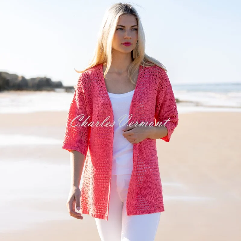 Marble Cardigan With Diamond Pointelle Pattern - Style 7343-135 (Watermelon) Woolen Fitted Sweater Marble Cardigan With Diamond Pointelle Pattern - Style 7343-135 (Watermelon) Woolen Fitted Sweater