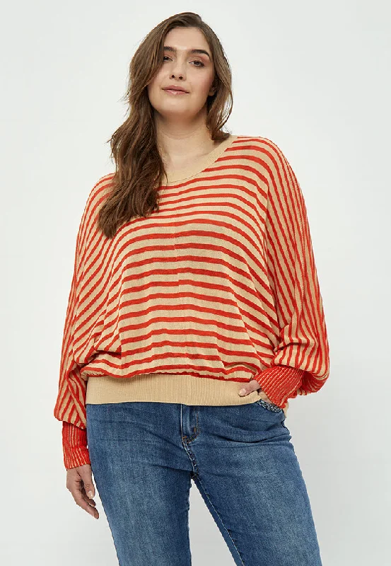 Mathilda Baloon Sleeve Pullover Curve - Intense Orange Stripe Lightweight Wool Jumper